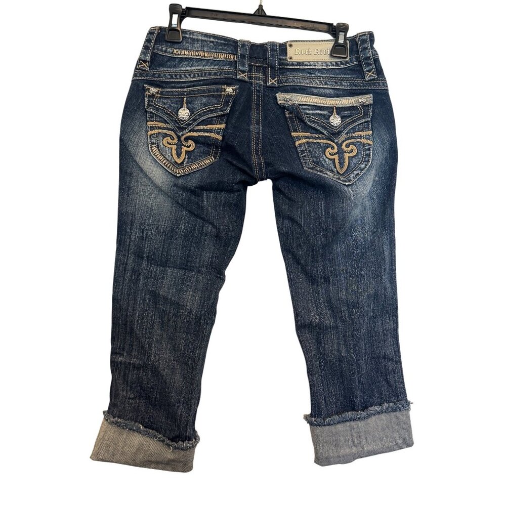 Rock Revival Gwen Capri Jeans Women 26 Dark Wash Distressed Mid Rise Crop Denim